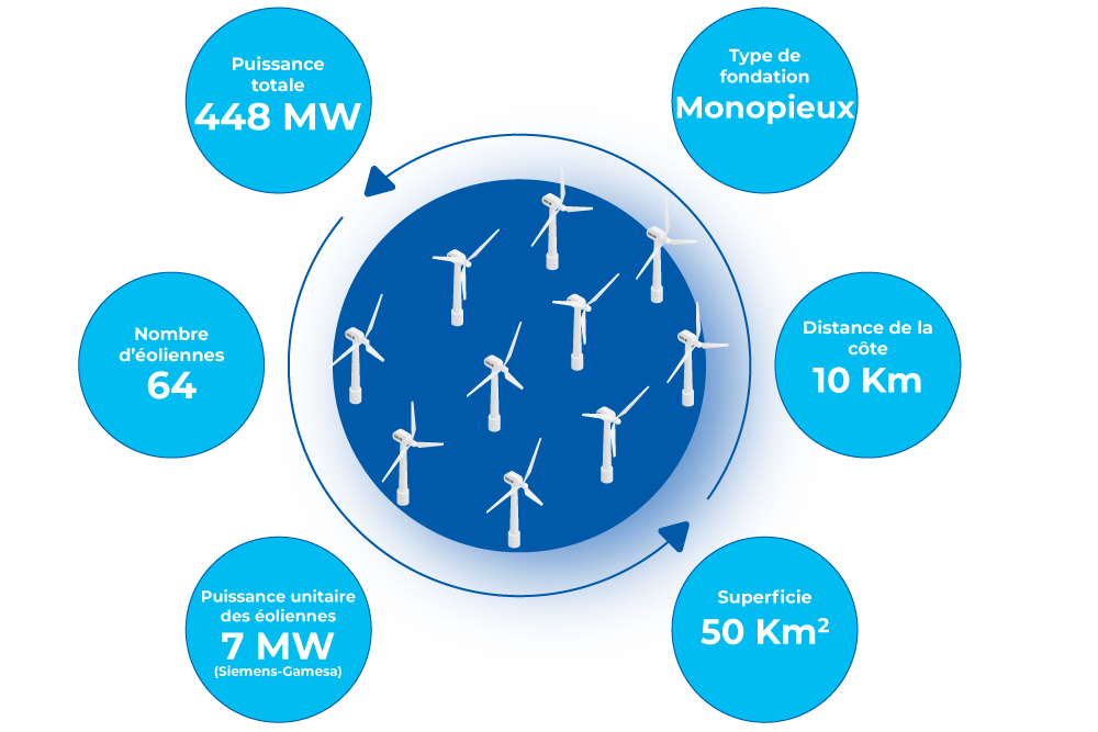 infographie des caractéristiques du parc éolien en mer de Courseulles-sur-mer