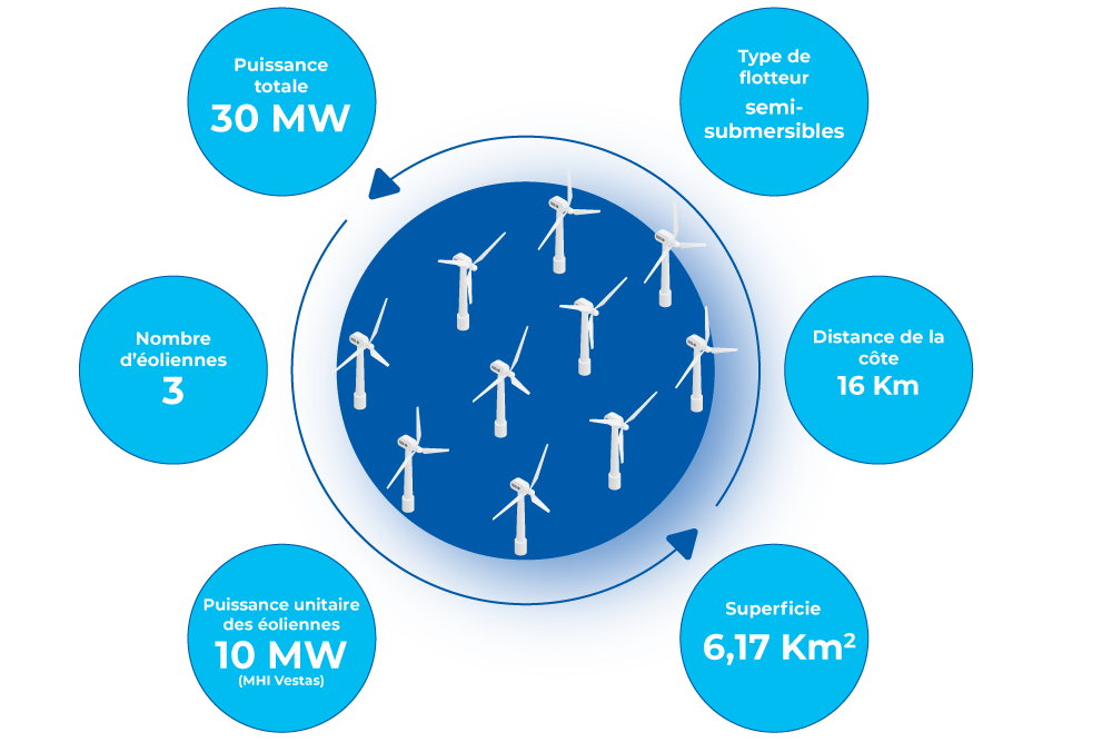 infographie des caractéristiques de la ferme pilote d'éoliennes en mer de Leucate-Barcarès