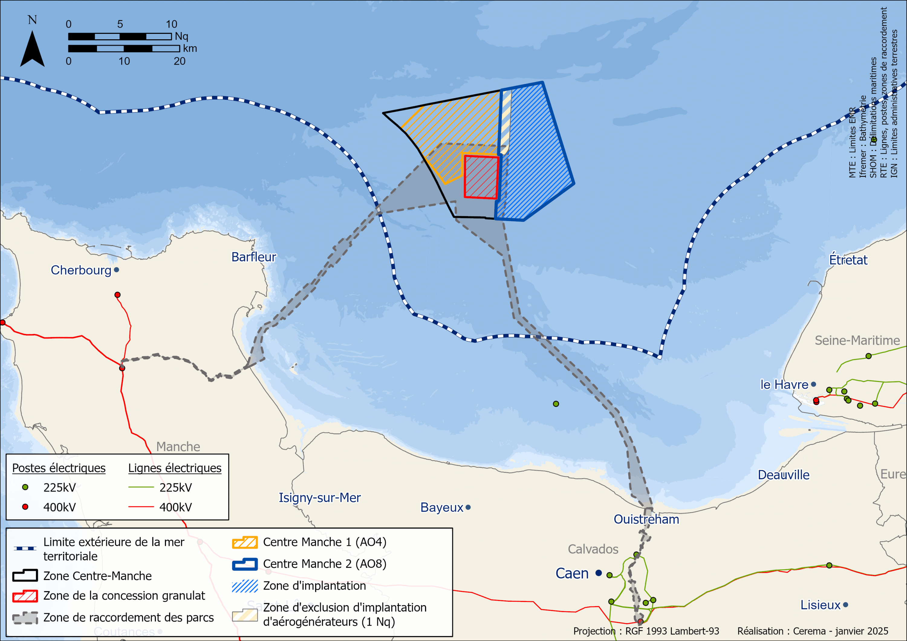 Carte localisant la zone des projets éolien en Centre Manche