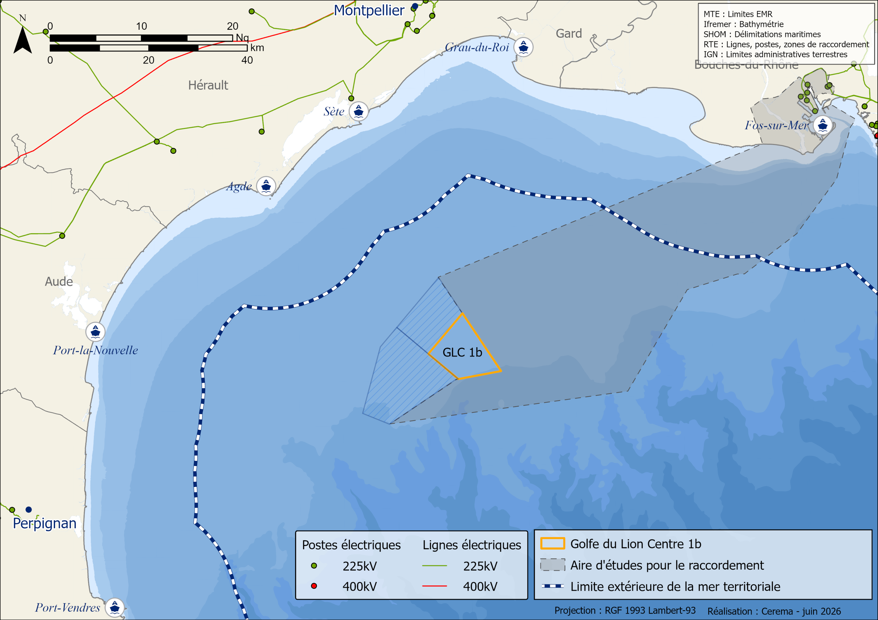 Carte de la géolocalisation des projets de la zone Golfe du Lion 1b