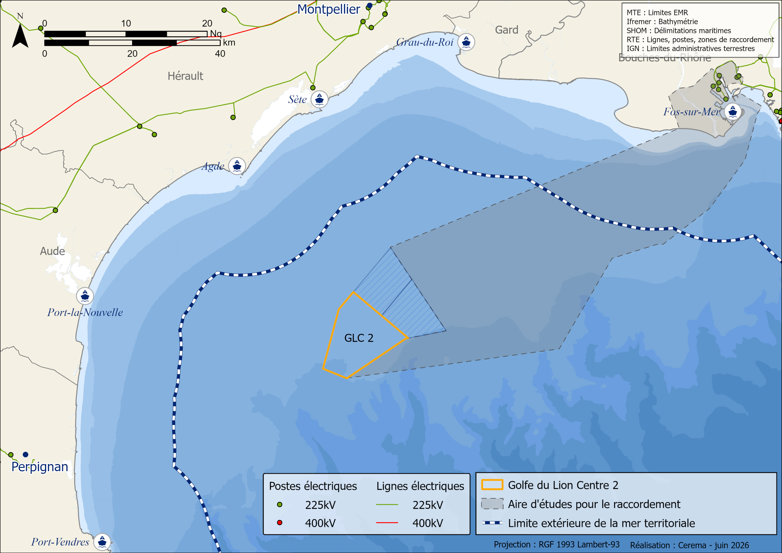Carte de la géolocalisation des projets de la zone Golfe du Lion 2