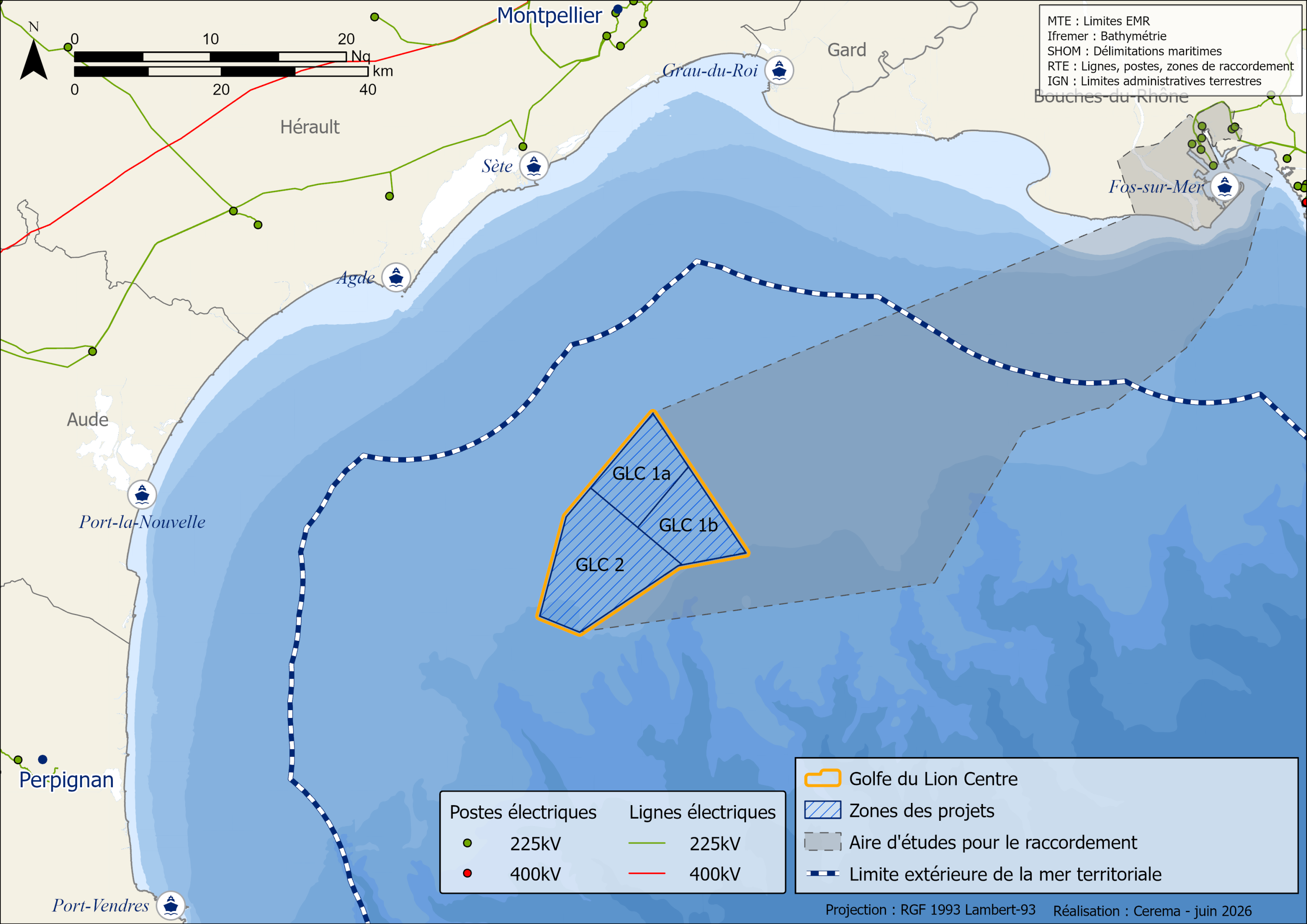 Carte de la géolocalisation des projets de la zone Golfe du Lion Centre