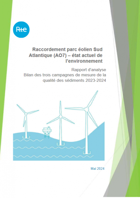 Page de couverture du rapport montrant une infographie d'éoliennes en mer