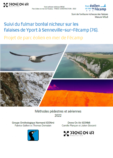 Couverture du rapport montrant des fulmars, les falaises et un aperçu d'image drone
