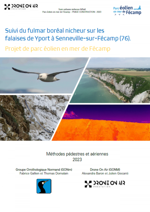 Couverture du rapport montrant des fulmars, les falaises et un aperçu d'image drone