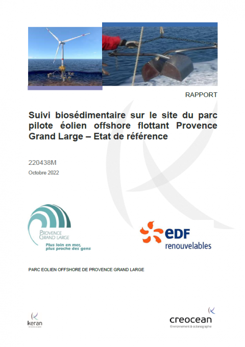 Couverture du rapport montrant une éolienne flottante et une benne de prélèvement