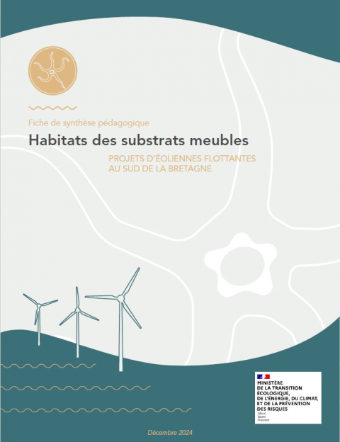 Page de couverture de la fiche montrant une infographie d'éoliennes en mer