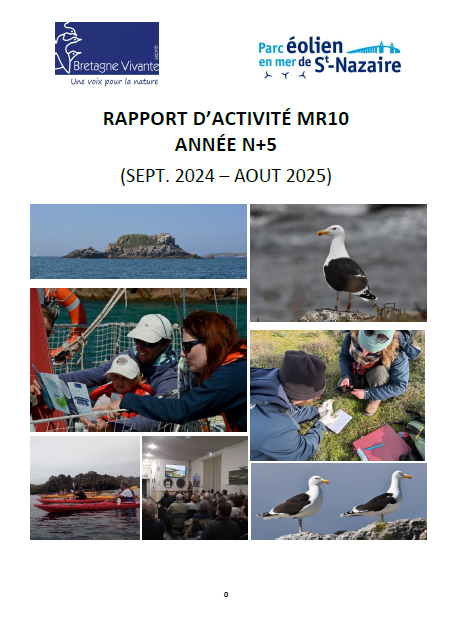 Couverture du rapport montant un îlot, des goélands et des actions de sensibilisation