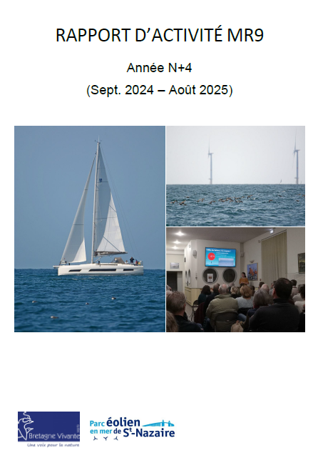 Couverture du rapport montrant un voilier, des puffins à proximité du parc éolien et une action de sensibilisation