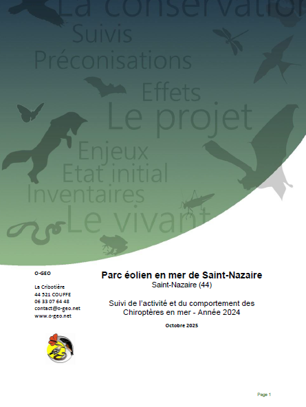 Couverture du rapport montrant des animaux en filigrane (renard, chause-souris, grenouille, serpent, insecte, oiseau) et des mots clés (suivis, préconisations, effets, projet, enjeux, état initial, inventaire, vivant)