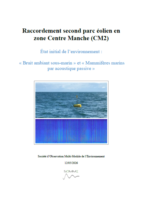 Couverture du rapport montrant une bouée équipée d'enregistreurs acoustiques et un aperçu des données collectées