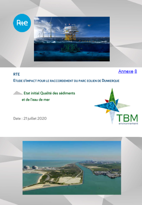 Couverture du rapport montrant un poste électrique en mer et la zone d'atterrage au niveau du port de Dunkerquee de Dunkerque, en continuité de sites industriels