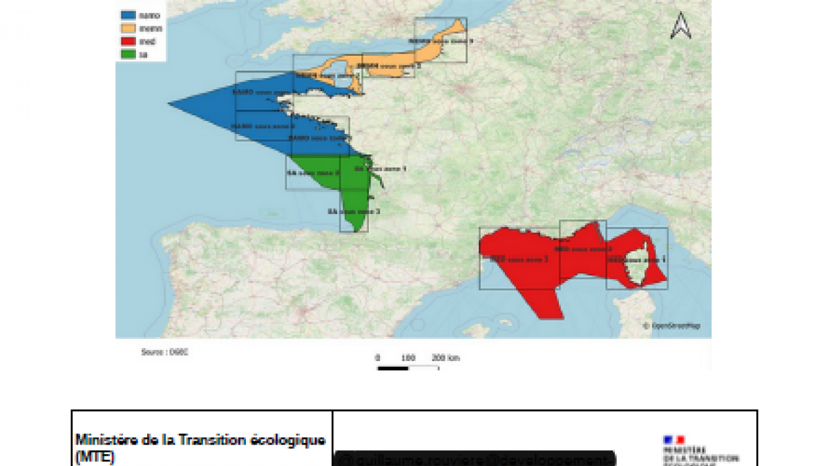Zones homogènes de climatologie de vent et points de mesures associés
